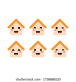 Illustration vector of cute house face character with different eyes and expression.The character have brown color.Good for real estate company element design in poster,animation and advertisement.