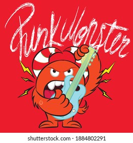 Illustration vector cute monster of rock with guitar and background