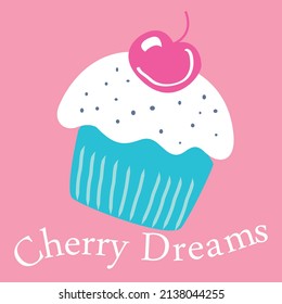 Illustration vector cute muffin with cherry and text pink background