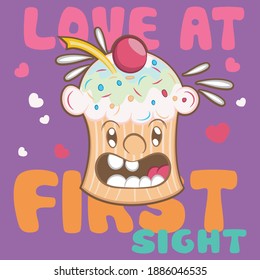 Illustration vector cute muffin in design cartoon with background and text