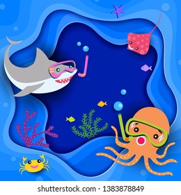 Illustration vector of cute octopus shark stingray crab and fish on undersea background.