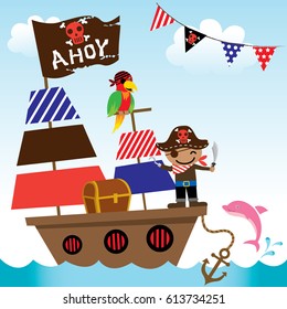 Illustration vector of cute pirate kids with ship on ocean sea background.