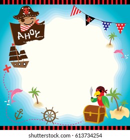 Illustration vector of cute pirate kids with island map for template.