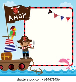 Illustration vector of cute pirate kids with ship on ocean sea background for template.