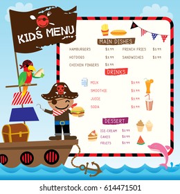 Illustration vector of cute pirate kids with ship on ocean sea background for menu template