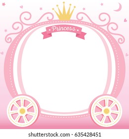 Ilustración vectorial de carrito de princesa adornado con corona sobre el diseño de fondo rosa para el marco y la plantilla.