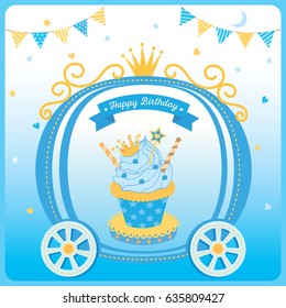 Illustration vector of cute princess cupcake decorated on cart with crown on blue background design for Happy Birthday card.