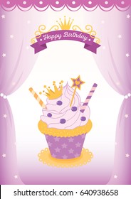 Illustration vector of cute princess cupcake decorated in the room with curtain on purple background design for Happy Birthday card.