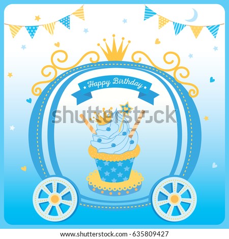 Illustration vector of cute princess cupcake decorated on cart with crown on blue background design for Happy Birthday card.