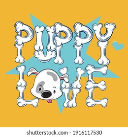 Vector de ilustración adorable cachorro con texto de huesos y fondo para el diseño de moda