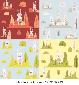 Illustration vector cute rabbit in autumn, winter, spring, summer forests. Pattern for children