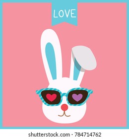 Illustration vector of a cute rabbit bunny put on sunglasses decorated with hearts for valentine's day card design on pink background.