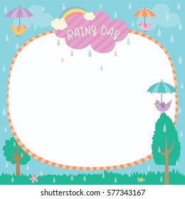 Illustration vector of cute rainy day background template decorated with birds hold umbrella and rainbow.Blank for space.