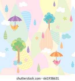 Illustration vector of cute rainy seamless pattern background decorated with rain drop tree and birds holding umbrella on sweet pastel colors.