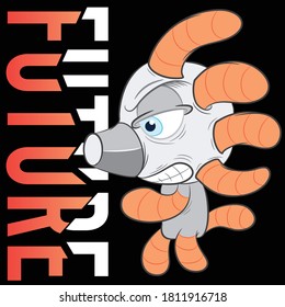 Illustration vector cute robot monster with metallic hair and text future.
