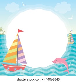 Illustration vector of cute sailboat with pink dolphin in nature ocean background.Blank template for your text or message.