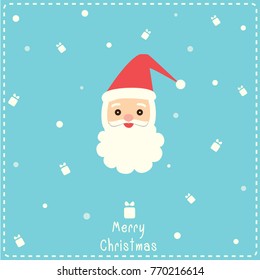 Illustration vector of cute santa claus face decorated with snow and gift on blue background for Merry Christmas festival