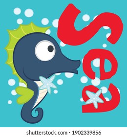 Illustration vector cute seahorse with bubbles and text in background