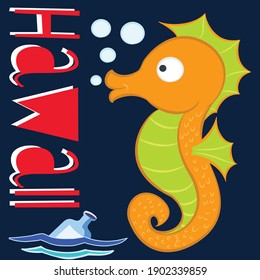Illustration vector cute seahorse with bubbles and text in background