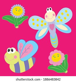 Illustration vector cute snail with flowers and friends for fashion design