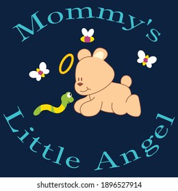 Illustration vector cute teddy bear with flowers and text for fashion design or other products.