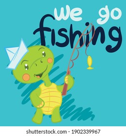 Illustration vector cute turtle with text and background