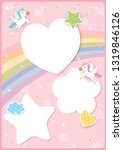 Illustration vector of cute unicorn decorated with rainbow and pink  pastel sky background design with frame of heart, star and cloud