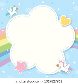 Illustration vector of cute unicorn decorated with rainbow and blue pastel sky background design with cloud frame