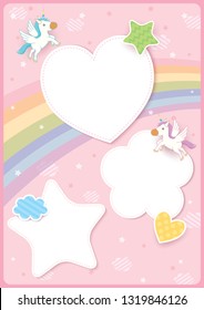 Illustration vector of cute unicorn decorated with rainbow and pink  pastel sky background design with frame of heart, star and cloud