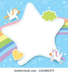 Illustration vector of cute unicorn decorated with rainbow and blue sky background design with star frame