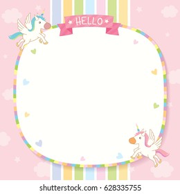 Illustration vector of cute unicorns flying on pink sky with rainbow background design for memo template.