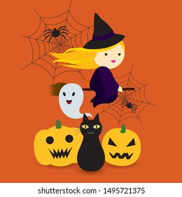 Illustration vector of a cute witch with Halloween pumpkins, black cat, ghost and spider webs on orange background
