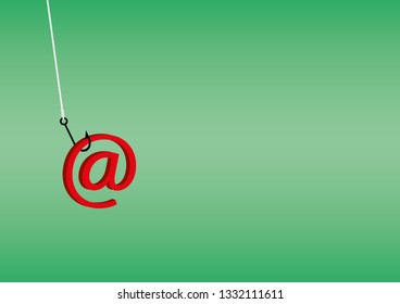 Illustration vector of cyber security and phishing concept. Flat design of fishing hook and red email sign over colored background with copy space.