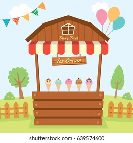 Illustration Vector Of Dairy Fresh Ice Cream Booth Design With Wood And Awning Decorated On  Natural Farm In Party Background.