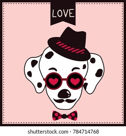 Illustration vector of a dalmatian dog put on sunglasses decorated with hearts, bow tie and hat  for valentine's day card design on hipster cute style.