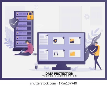 Ilustración vectorial del concepto de protección de datos con personas que trabajan. Seguridad digital personal. Defensa, protección contra hackers, estafa. Puede usarse para página de inicio, banner web, infografía, volante, web.
