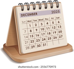 Illustration vector of December 2025 WOODEN and cardboard Calendar isolated in white background, made in Adobe illustrator