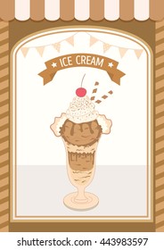 Illustration vector decoration ice-cream lover for chocolate sundae flavor .Pastel brown colors background.
