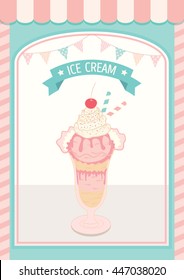 Illustration vector decoration ice-cream lover for vanilla and strawberry flavor sundae .Pastel pink and blue colors background.