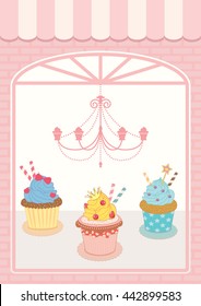 Illustration vector decoration showcase cupcakes cafe shop with luxury and vintage style.Pastel pink colors background.