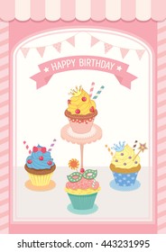 Illustration vector decoration showcase cupcakes cafe shop with luxury and vintage style.Pastel pink colors background for happy birthday card.