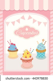 Illustration vector decoration showcase cupcakes cafe shop with vintage style for menu template.Pastel pink colors background.