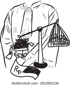 Illustration vector of democracy with scales, prosecutor, money rupiah, with the words "TAHANAN" which means prisoner in White and Black style. Can be used as Logo, Brands, Mascots, and Tatto