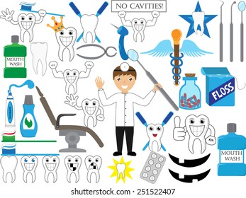 Illustration / vector. A dentist with his many tools and objects. 
