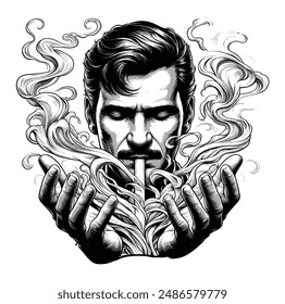 An illustration vector depicts a man with a well-groomed mustache, his face calm and introspective, as he delicately inhales smoke from his upturned hand. 