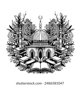 An illustration vector depicts a serene mosque with its elegant domes and minarets, adorned with intricate Islamic geometric patterns and calligraphy. 