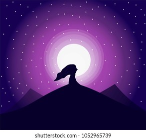 An illustration and vector design of abstract art, it has a little girl who sits on top of mountain and looks at the sky and stars. This art is a night scene. 