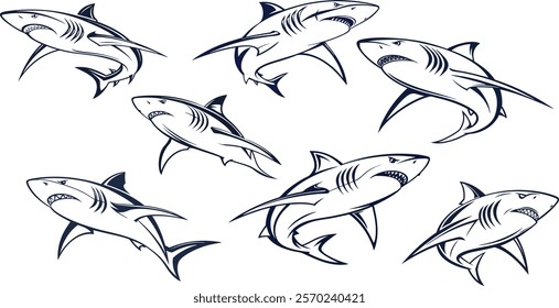 illustration, vector, design, animal, fish, predator, cartoon, shark, wildlife, sea, dangerous, ocean, water, dolphin, background, art, icon, aquatic, graphic, attack, mascot, wild, mouth, nature 