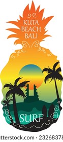 Illustration vector design of bali beach with surfing in a pineapple border in line perfect for t shirt