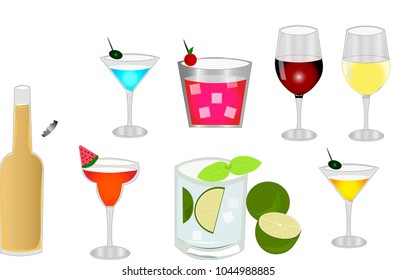 An illustration and vector design of a cocktail and alcohol drink, they are good drink for summer time. They are a red wine, a white wine, a beer and cocktails.